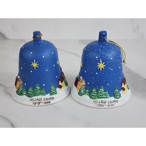 Christmas Village Square Bell Ornaments 4" Porcelain 90's Blue Lot of 2 Vintage